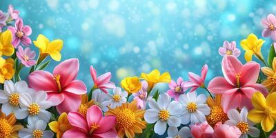 Vibrant floral arrangement featuring a variety of colors and types during a sunny day in spring photo