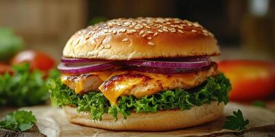 Delicious grilled chicken burger with fresh toppings served in a rustic setting photo