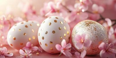 Decorative eggs with gold accents surrounded by delicate cherry blossoms during springtime celebration photo