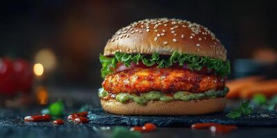 Juicy spicy chicken burger with fresh lettuce, tomatoes, and creamy sauce on a sesame seed bun photo