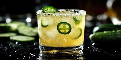 Refreshing cocktail with jalapeno and cucumber garnished with salt on the rim served on a dark surface photo