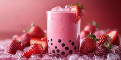 Refreshing strawberry bubble tea served over ice against a vibrant background photo