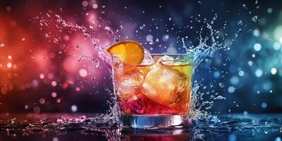 Sparkling cocktail with splash and orange slice against colorful background photo