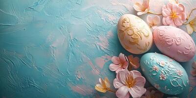 Decorated Easter eggs with floral accents on a blue textured background photo