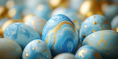 Beautifully decorated blue and gold Easter eggs arranged creatively for a festive celebration photo