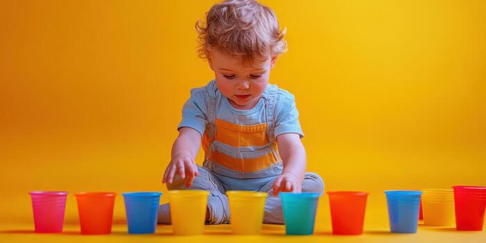Young child playing with colorful cups on bright yellow background during playful activity at home photo