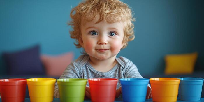 Happy toddler playing with colorful cups on a blue background in a cozy indoor setting during the day photo