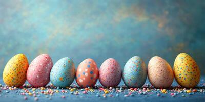 Colorful decorated eggs arranged neatly on a surface with sprinkles in a festive setting during spring celebration photo