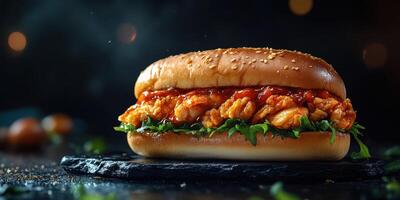 Juicy chicken sandwich with crispy texture and fresh toppings served on a dark plate photo