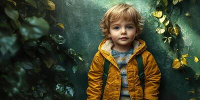 Young child stands against a vibrant green backdrop, wearing a bright yellow jacket and surrounded by lush foliage photo