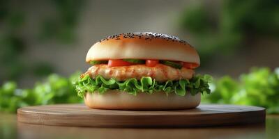 Delicious chicken burger with fresh lettuce and sauce served on a wooden board in a natural setting photo