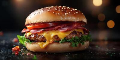 Delicious cheeseburger with lettuce, tomato, and crispy bacon served in a rustic setting during evening hours photo