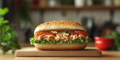 Decoratively arranged sandwich with shredded chicken, fresh lettuce, and tomato on a wooden board photo