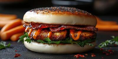 Delicious gourmet sandwich with marinated meat and fresh greens on a soft bun, garnished with spicy sauce photo