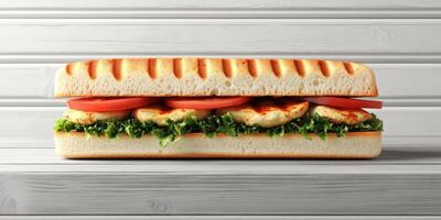 Grilled chicken sandwich with fresh vegetables served on toasted bread at a cafe on a sunny afternoon photo