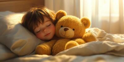 Young child peacefully sleeping with a teddy bear in a cozy bedroom setting during the morning sunlight photo