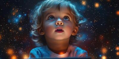 Child gazes in wonder at a starry night sky filled with vibrant colors and cosmic elements photo