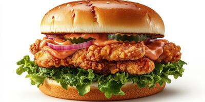 Crispy chicken sandwich served with fresh lettuce, pickles, and spicy sauce on a sesame seed bun photo