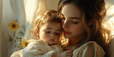 Mother gently holds her baby in a softly lit room filled with warm sunlight during a peaceful afternoon photo