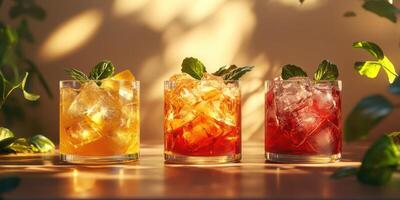 Refreshing summer cocktails served in glasses with ice, garnished with fresh mint and citrus slices in a cozy indoor setting photo