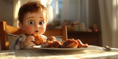 Child delightfully enjoys a plate of delicious food in a warm, sunlit kitchen during mealtime photo