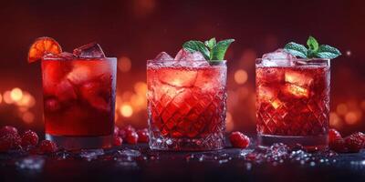 Colorful cocktails with ice and fresh mint garnishing presented elegantly against a vibrant background photo