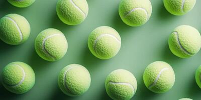 Bright green tennis balls scattered on a flat surface for a sports-themed background or design photo