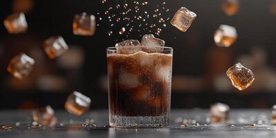 Refreshing drink with ice cubes splashing in a glass on a dark background during a summer gathering photo