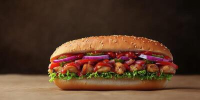 Deliciously prepared sandwich featuring grilled chicken, fresh vegetables, and flavorful sauces on sesame seed bun photo