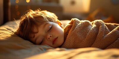 Child peacefully sleeping in a cozy bedroom wrapped in a soft blanket during warm evening light photo