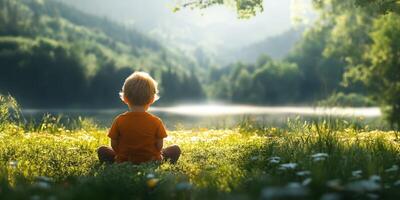Child sits quietly by a serene lake surrounded by lush greenery during a sunny afternoon photo