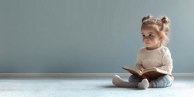 Young girl sitting on a carpet with a book in a softly lit room, focused and curious, enjoying reading time in the afternoon photo