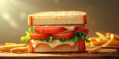 Delicious sandwich with fresh lettuce and tomatoes served with crispy fries in a warm setting photo