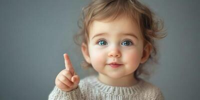 Baby with curly hair joyfully pointing one finger while looking at the camera indoors photo