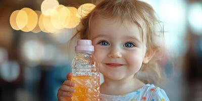 Young child smiling while holding a bottle of orange drink in a bright indoor setting during daytime photo