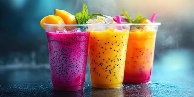 Refreshing tropical fruit drinks served in clear cups with colorful garnishes on a bright sunny day photo