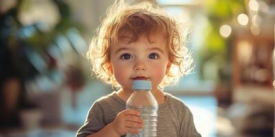 Toddler with curly hair holding a water bottle in bright indoor setting while looking curiously at the camera photo