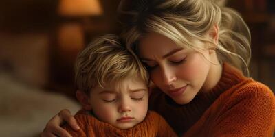 Mother holds her sleeping child in a cozy, warmly lit room during the evening photo