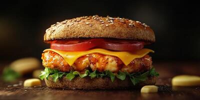 Juicy grilled chicken burger with cheddar cheese and fresh vegetables served on a sesame seed bun in a rustic setting photo