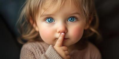 Young child with expressive blue eyes making a shushing gesture in cozy indoor setting photo