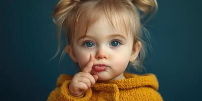 Cute toddler with blue eyes making a shushing gesture while wearing a cozy yellow sweater indoors photo