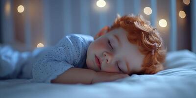Child peacefully sleeping in a cozy bedroom with soft lighting and twinkling fairy lights during night time photo