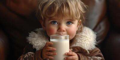 Child enjoys a glass of milk while relaxing on a cozy couch in a warm indoor setting photo