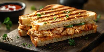 Grilled chicken sandwich served with fresh herbs on a wooden board in a cozy setting photo