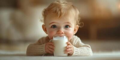 Baby enjoying milk while lying on a soft surface in a cozy indoor setting photo