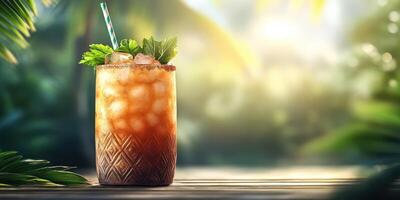 Refreshing cocktail served in a tropical setting during golden hour surrounded by lush greenery photo