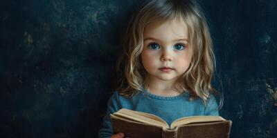 Young child with blue eyes reading a book against a dark textured background in a cozy setting photo