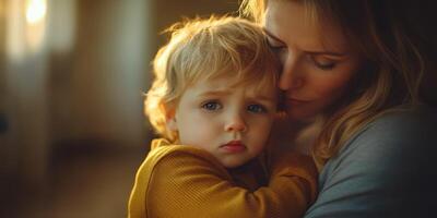 Emotional moment between mother and child in warm, soft lighting at home during golden hour photo