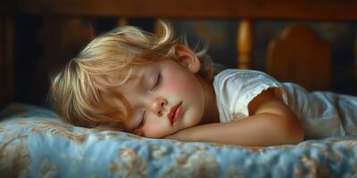 Child peacefully sleeping on a cozy pillow in a serene bedroom during the evening light photo