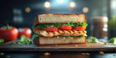 Grilled chicken sandwich with fresh vegetables and whole grain bread presented in a rustic setting photo